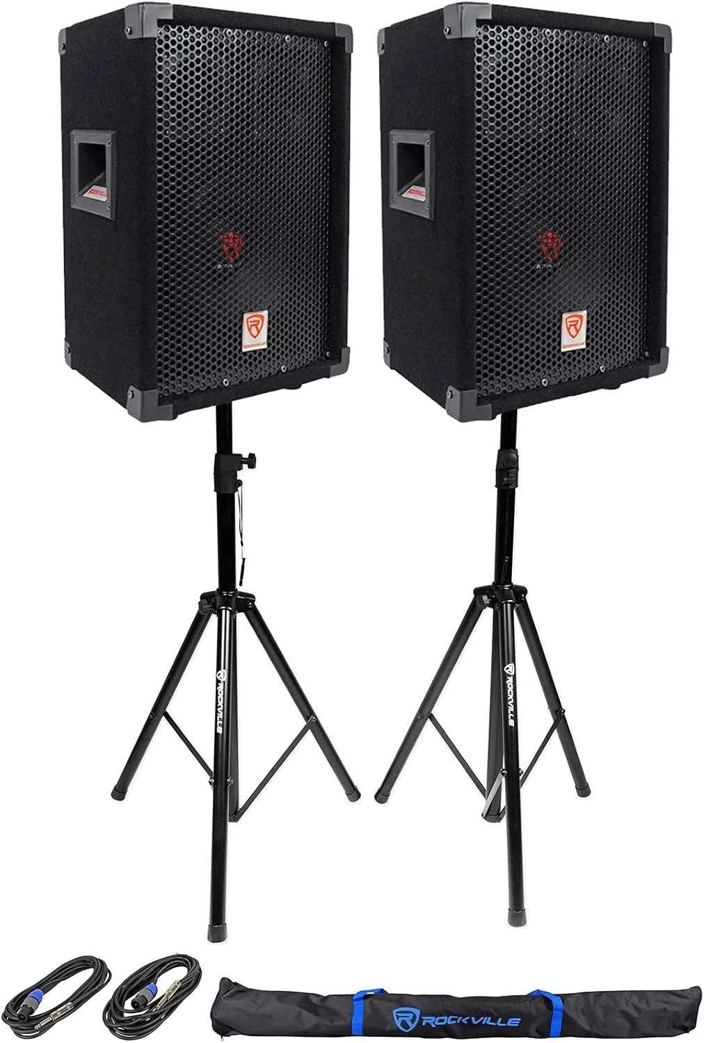بسته راکویل RSG8: (2) بلندگوی پسیو 8 اینچی 300 واتی پیک / 100 واتی RMS دو طرفه 8 اهم DJ/Pro PA، (2) پایه بلندگو/نورپردازی سه پایه RVSS2-TSNL4، قابل نصب روی میله، برای صدای زنده و رویدادها، 4 قلم