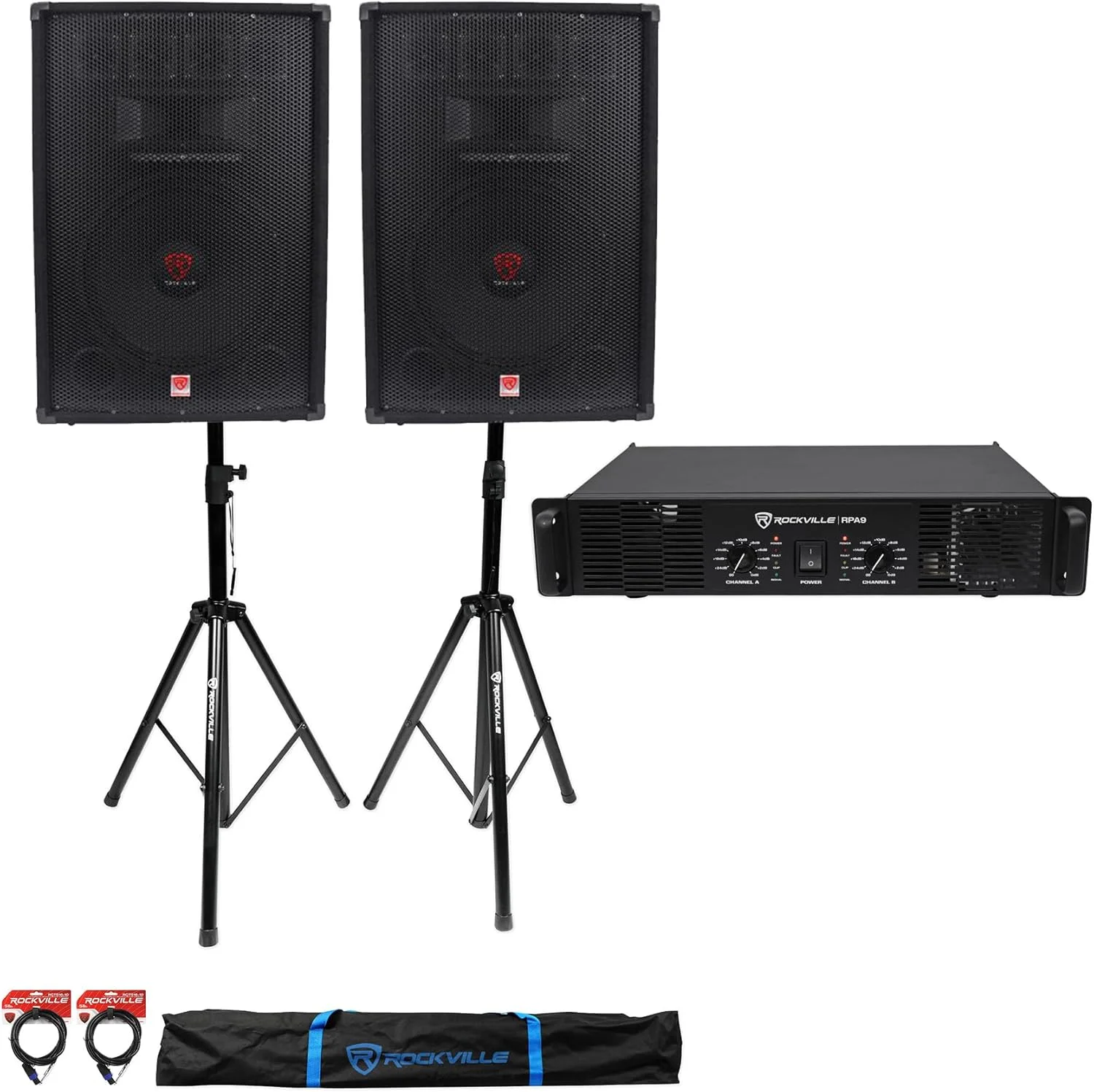 (2) بلندگوی PA 15 اینچی Rockville RSG15.4 + آمپلی فایر Rockville RPA9 + پایه ها + کابل ها + کیف