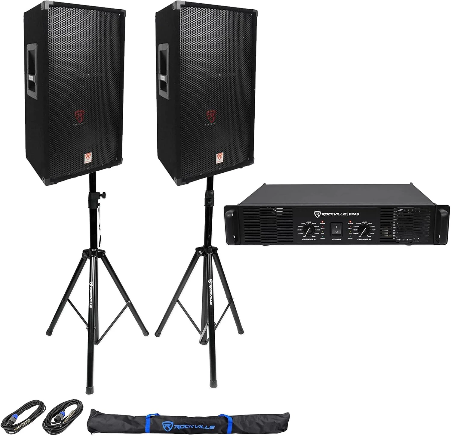 مجموعه راکویل RSG12: (2) بلندگوی پسیو DJ PA سه طرفه 12 اینچی 1000 واتی 8 اهمی، آمپلی فایر قدرت 2 کاناله RPA9 با توان پیک 3000 وات/800 وات RMS، (2) پایه سه پایه RVSS2-TSNL4 و کابل های اسپیکون، 5 قطعه