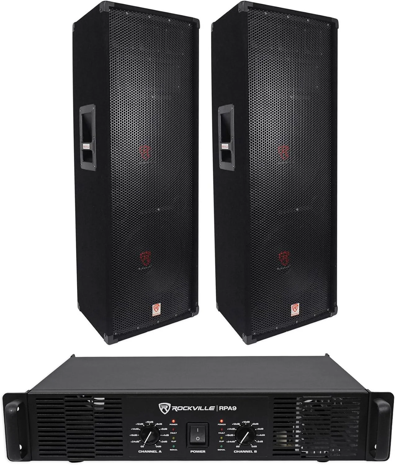 (2) اسپیکر PA دوگانه 12 اینچی 2000 واتی Rockville RSG12.2 + آمپلی فایر DJ آمپلی فایر Rockville RPA9