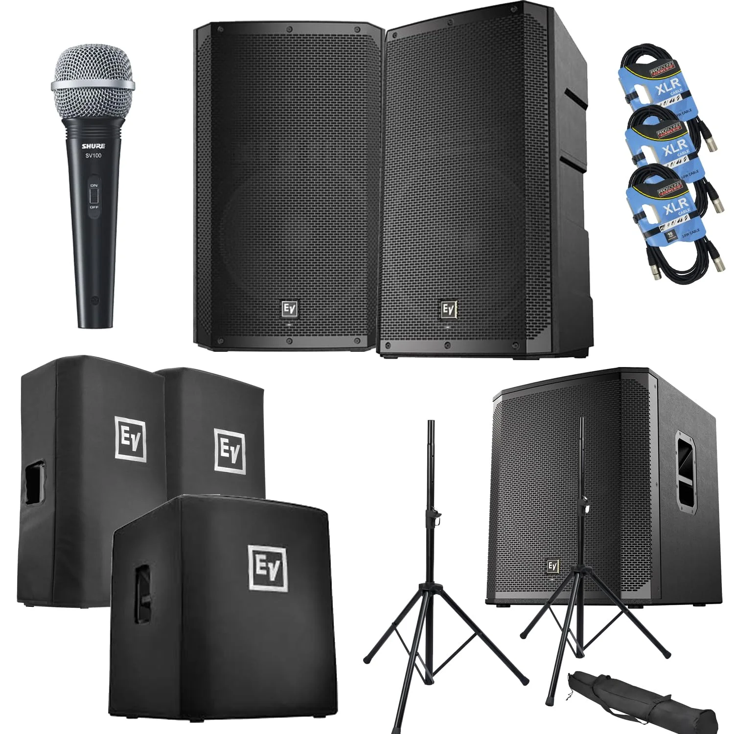 باند اکتیو الکترو-ویس ELX200-15P (دو عدد)، ساب ووفر ELX200-18SP (یک عدد)، کاور ELX200-15P (دو عدد)، کاور ELX200-18SP (یک عدد)، پایه باند (دو عدد)، میکروفون SV100، پکیج کابل XLR (سه عدد)