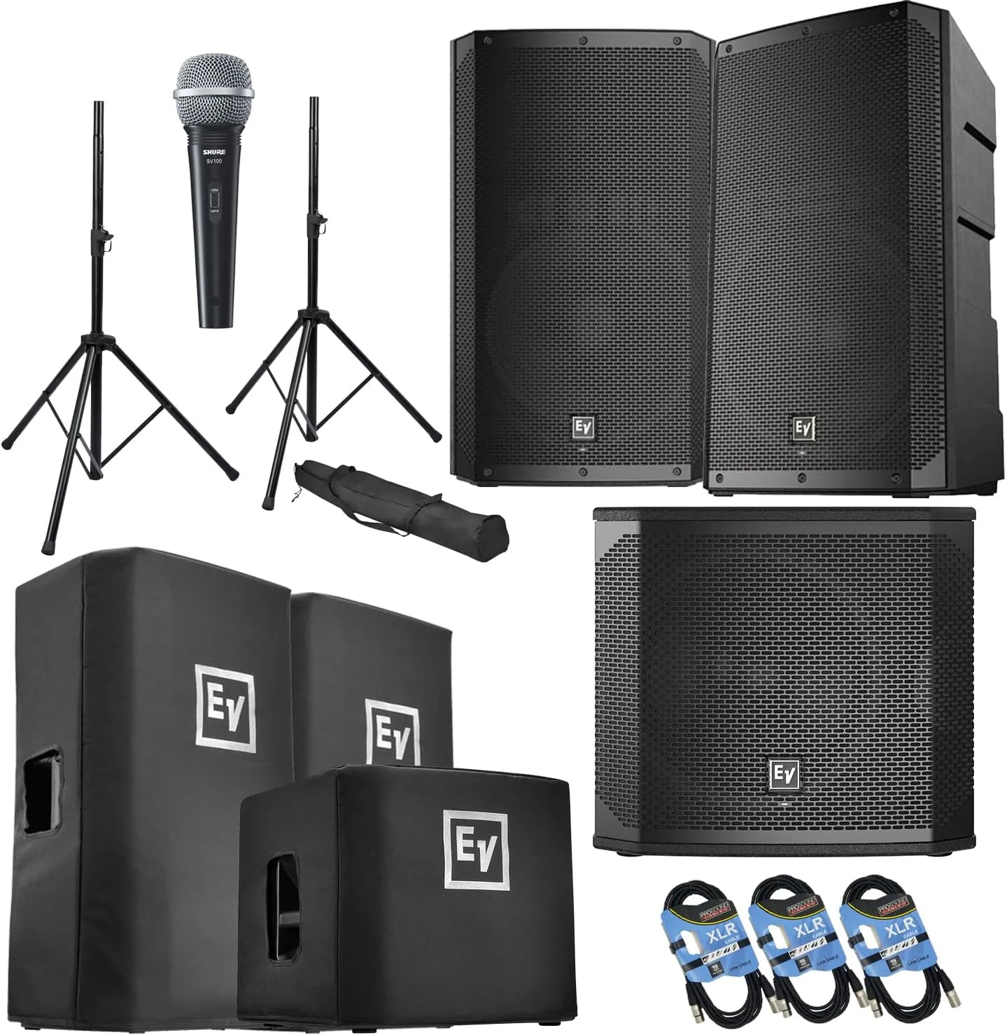 ست کامل شامل (2) عدد بلندگوی Electro-Voice ELX200-15P، (1) عدد ساب ووفر EV ELX200-12SP، (2) عدد کاور ELX200-15P، (1) عدد کاور ELX200-12SP، (2) عدد پایه باند، و یک بسته میکروفون SV100