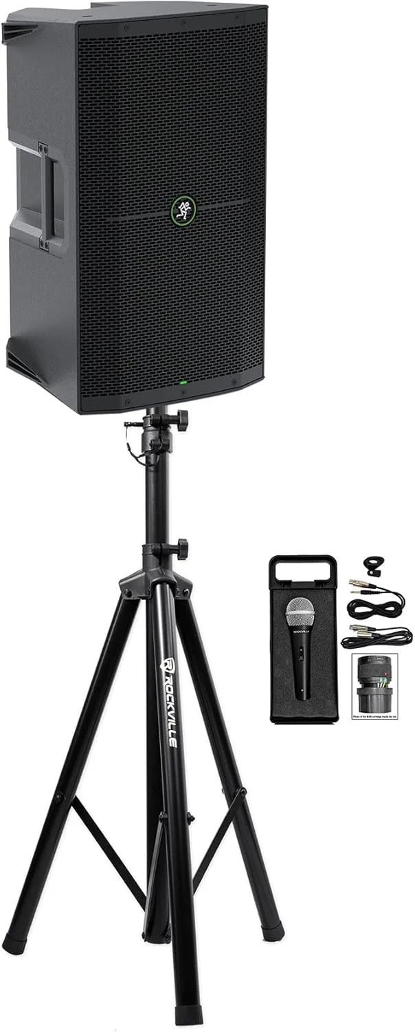 باندل Audiosavings: اسپیکر اکتیو DJ PA مدل Mackie Thump212 با توان 1400 وات و اندازه 12 اینچ به همراه پایه اسپیکر مشکی Rockville RVES05 و میکروفون سیم دار Rockville RMC-XLR با 2 کابل (3 قطعه)