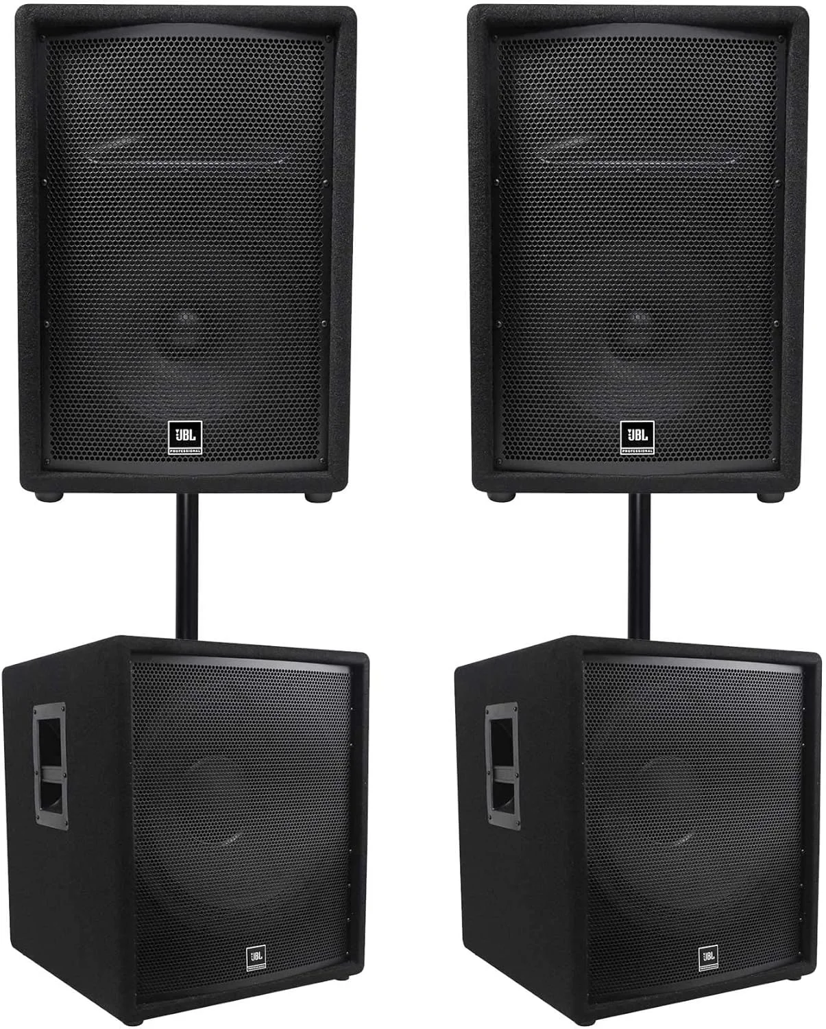 مجموعه صوتی: (2) بلندگوی 1000 واتی 12 اینچی JBL JRX212 DJ P/A مانیتور کف استیج به همراه (2) ساب ووفر پسیو کامپکت 18 اینچی JBL Pro JRX218S، (2) میله اتصال 36 اینچی RSP36 (6 قطعه)