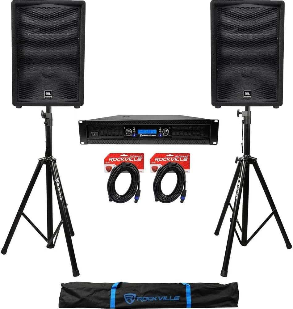 باندل Audiosavings: (2) عدد اسپیکر مانیتور JBL JRX212 DJ P/A به همراه آمپلی فایر قدرت 2 کاناله Rockville RPA12 و (2) عدد کابل اسپیکر Rockvile RCSS1425 و پایه های سه پایه اسپیکر Rockville + کیف (6 تکه)