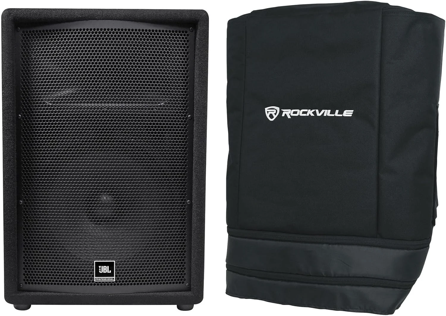مجموعه Audiosavings: بلندگوی PA مدل JBI JRX212 با توان 1000 وات و اندازه 12 اینچ، دو طرفه، مناسب برای دی‌جی، مانیتور کف، به همراه کاور محافظ پددار Rockville Best Cover 12 با اندازه 12 اینچ برای حمل و نقل دی‌جی (شامل 2 قطعه)