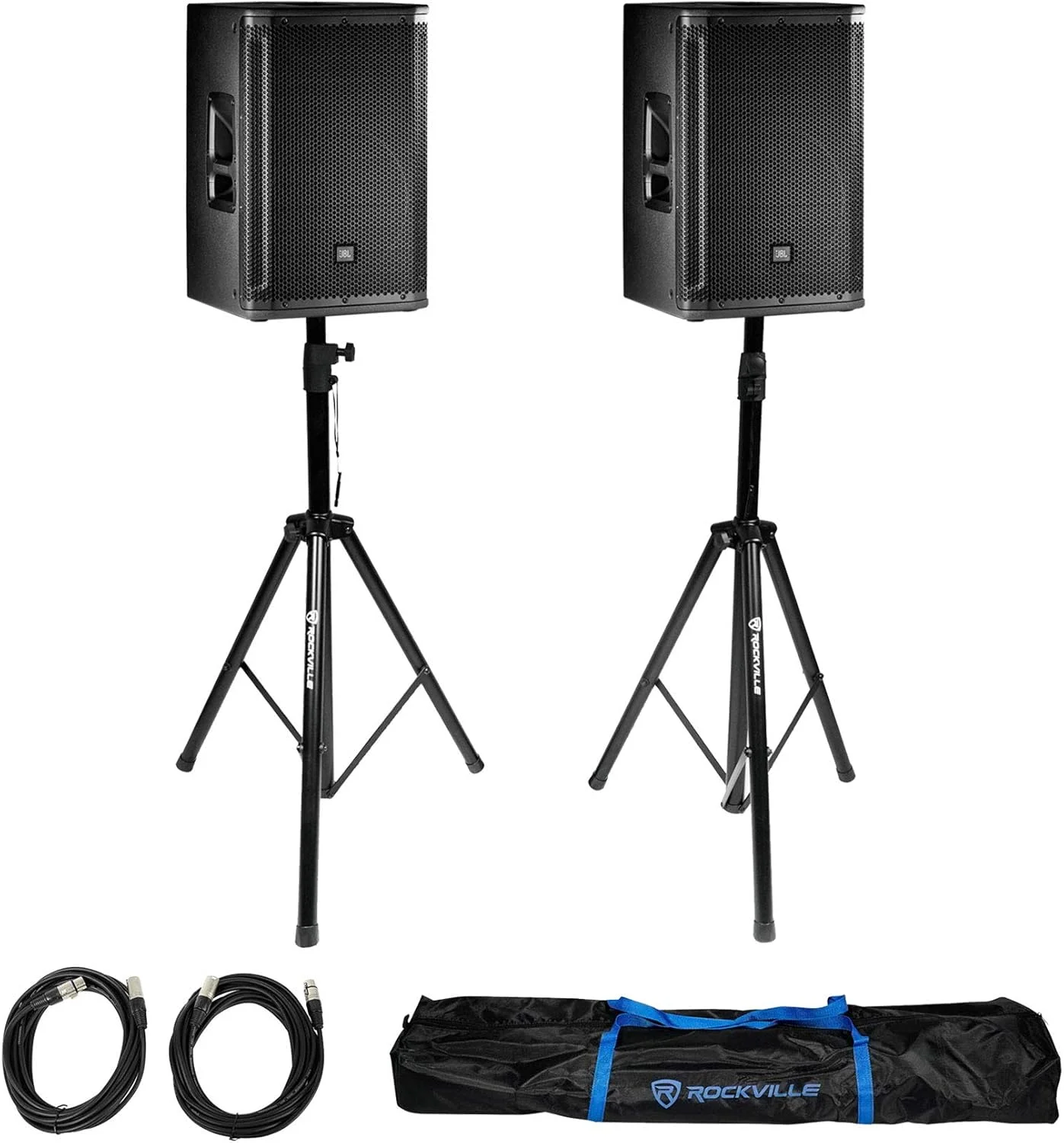 مجموعه آدیوسوینگز: (2) عدد اسپیکر یا مانیتور PA اکتیو 2 طرفه 12 اینچی 2000 واتی JBL SRX812P به همراه DSP و (2) عدد پایه اسپیکر/نور سه پایه قابل تنظیم Rockville (4 قطعه)