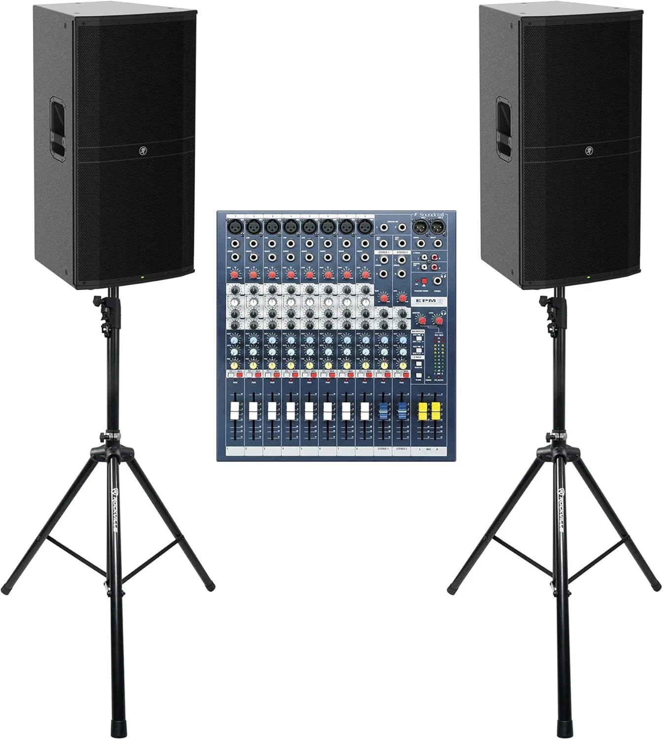 مجموعه صوتی Audiosavings: (2) بلندگوی اکتیو PA مدل Mackie DRM315 به همراه (1) میکسر استریو 8 کاناله Soundcraft EPM8 و (2) پایه بلندگوی سه پایه DJ PA مدل Rockville (شامل 5 مورد)