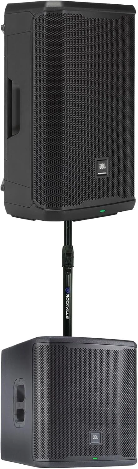 مجموعه Audiosavings: بلندگوی DJ PA مدل JBL PRX912 12 اینچی 1000 واتی RMS به همراه ساب ووفر PA مدل JBL PRX915XLF 15 اینچی 1000 واتی RMS + پایه نگهدارنده ساب ووفر-بلندگو Rockville GASPOLE-B M20 با قابلیت تنظیم ارتفاع (3 قطعه)