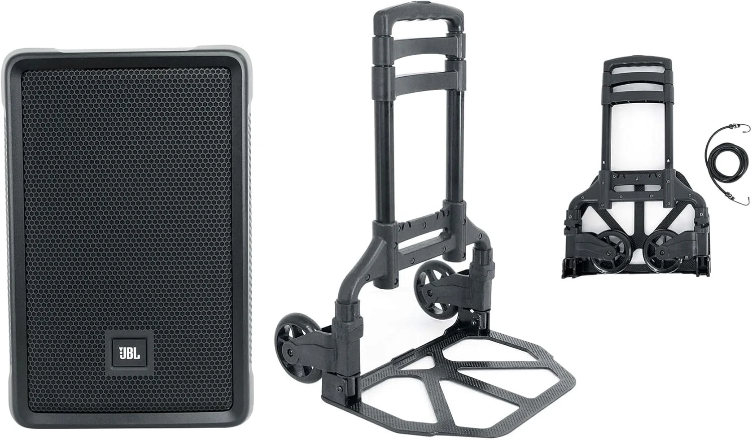 مجموعه Audiosavings: اسپیکر اکتیو قابل حمل JBL IRX108BT 8 اینچی 1000 واتی با بلوتوث به همراه چرخ دستی آلومینیومی تاشو Rockville GigMate DJ/Musician (2 قطعه)