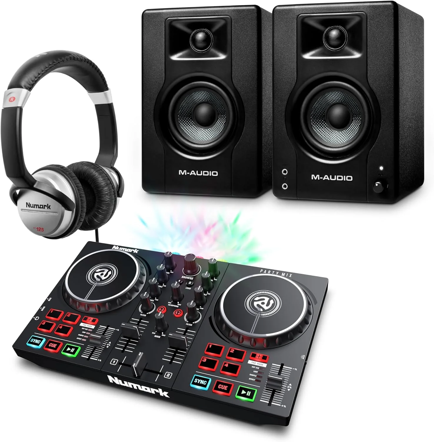 ست دی‌جی مبتدی - کنترلر دی‌جی Numark و هدفون دی‌جی به همراه اسپیکرهای مانیتور دی‌جی M-Audio با Serato DJ Lite و نورهای مهمانی