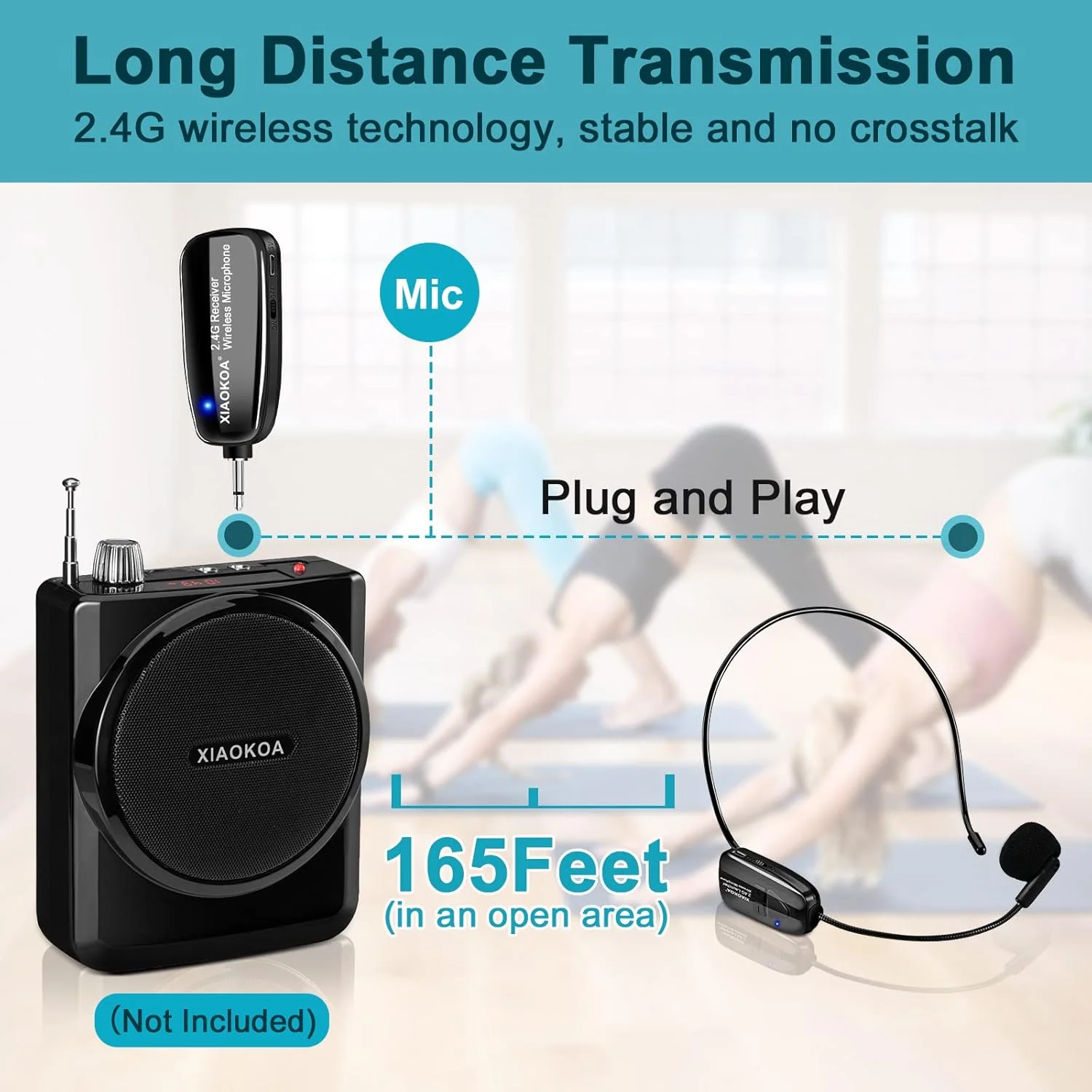 میکروفون بی سیم XIAOKOA، میکروفون تقویت کننده و هدست 2 در 1 قابل شارژ 2.4G با گیرنده بی سیم برای تقویت کننده صدا، بلندگوی استیج، سخنرانی عمومی و تدریس، USB