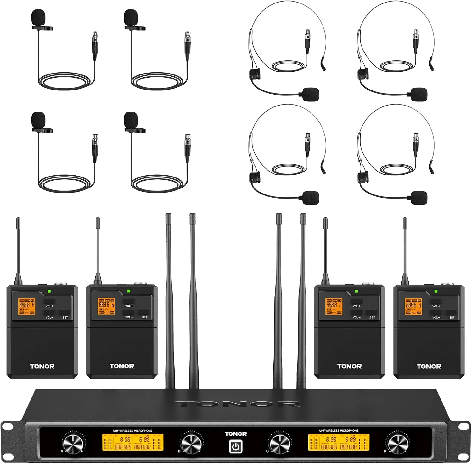 سیستم میکروفون بی سیم UHF تونور با فرستنده بدنه، میکروفون های هدست/یقه ای، گیرنده، 4 * 10 کانال، برد 90 متری برای کارائوکه، آواز، کلیسا، مهمانی، ضبط میکسر بلندگوی PA