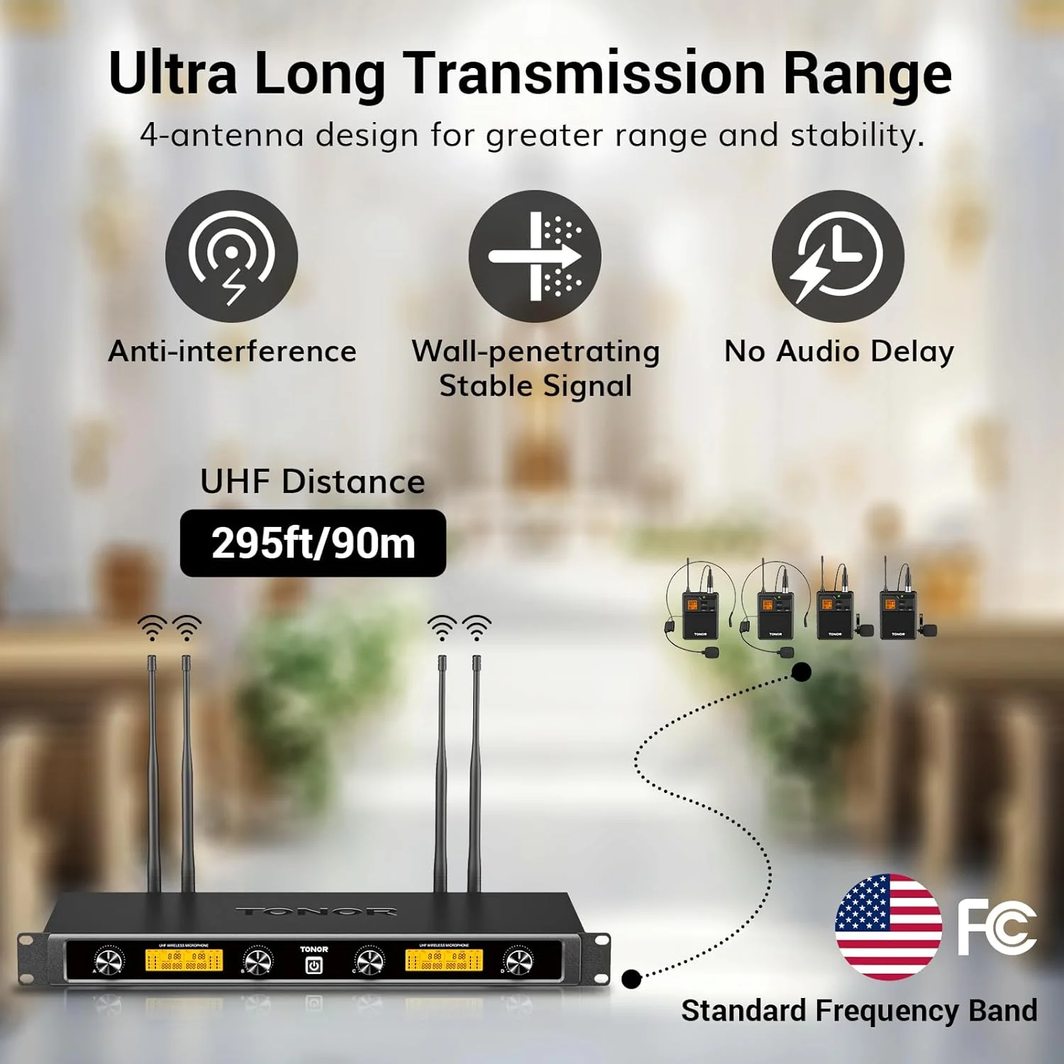 سیستم میکروفون بی سیم UHF تونور با فرستنده بدنه، میکروفون های هدست/یقه ای، گیرنده، 4 * 10 کانال، برد 90 متری برای کارائوکه، آواز، کلیسا، مهمانی، ضبط میکسر بلندگوی PA