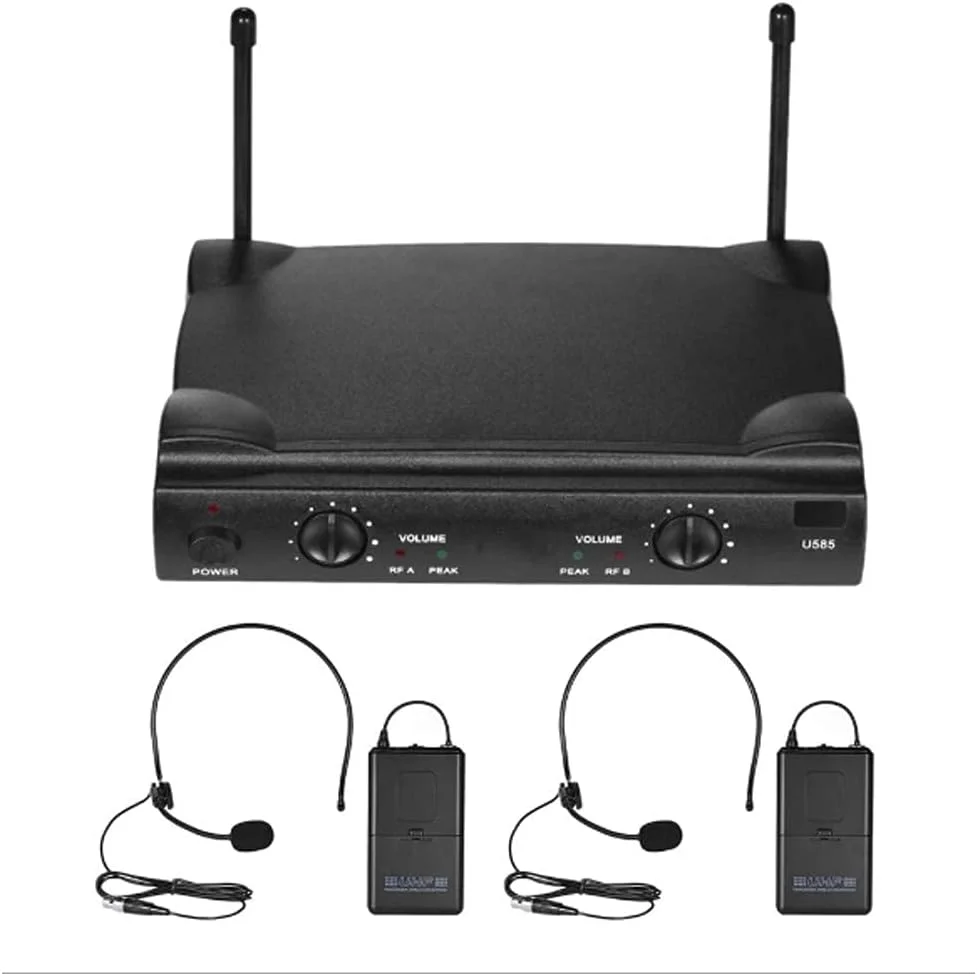 سیستم میکروفون بی سیم ROM، مجموعه میکروفون کارائوکه با 2 فرستنده بدنه و 2 میکروفون هدست، انتقال سیگنال پایدار 120 متری برای جلسه، استیج، کلیسا
