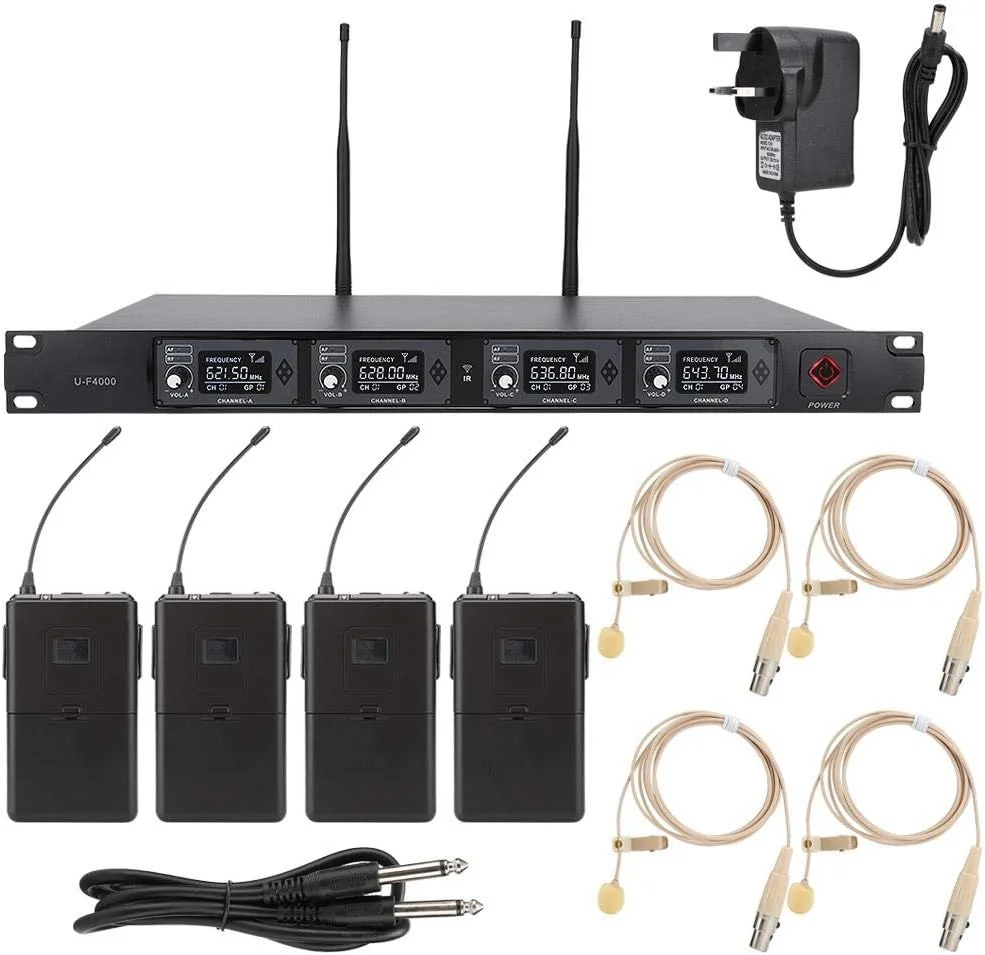 سیستم میکروفون بی سیم، UHF 642.2~660.8Mhz میکروفون حرفه ای 4 کاناله بی سیم با فرکانس ثابت و برد بلند به همراه میکروفون یقه ای گیره دار برای جلسه، کلاس، اجرای صحنه (UK)