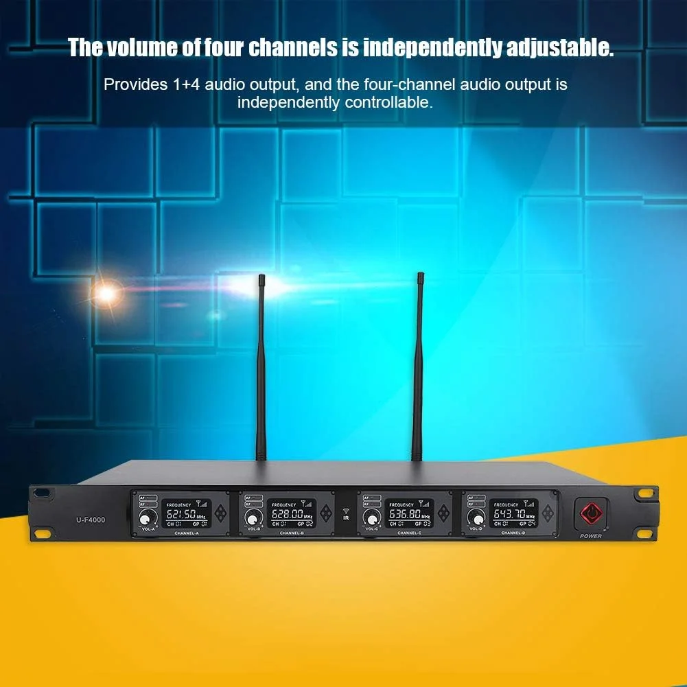 سیستم میکروفون بی سیم، UHF 642.2~660.8Mhz میکروفون حرفه ای 4 کاناله بی سیم با فرکانس ثابت و برد بلند به همراه میکروفون یقه ای گیره دار برای جلسه، کلاس، اجرای صحنه (UK)