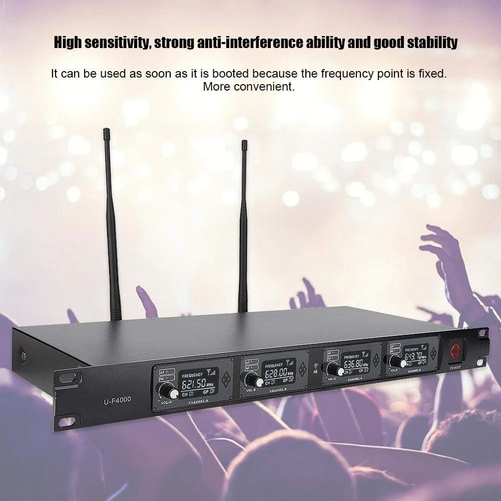 سیستم میکروفون بی سیم، UHF 642.2~660.8Mhz میکروفون حرفه ای 4 کاناله بی سیم با فرکانس ثابت و برد بلند به همراه میکروفون یقه ای گیره دار برای جلسه، کلاس، اجرای صحنه (UK)