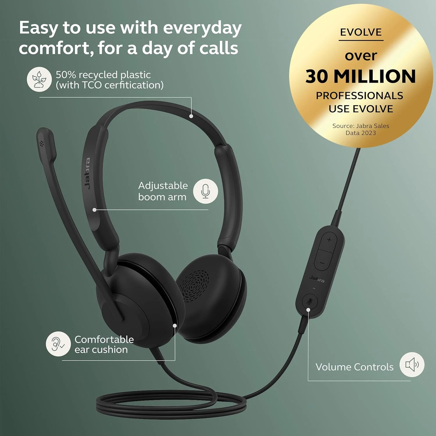 هدست سیمی جبرا Evolve 10 با میکروفون حذف نویز برای استفاده در کامپیوتر/لپ تاپ – نصب آسان USB-A – دارای گواهینامه TCO – طراحی سبک وزن – کنترل های صدا/تماس درون خطی برای جلسات آنلاین - مشکی