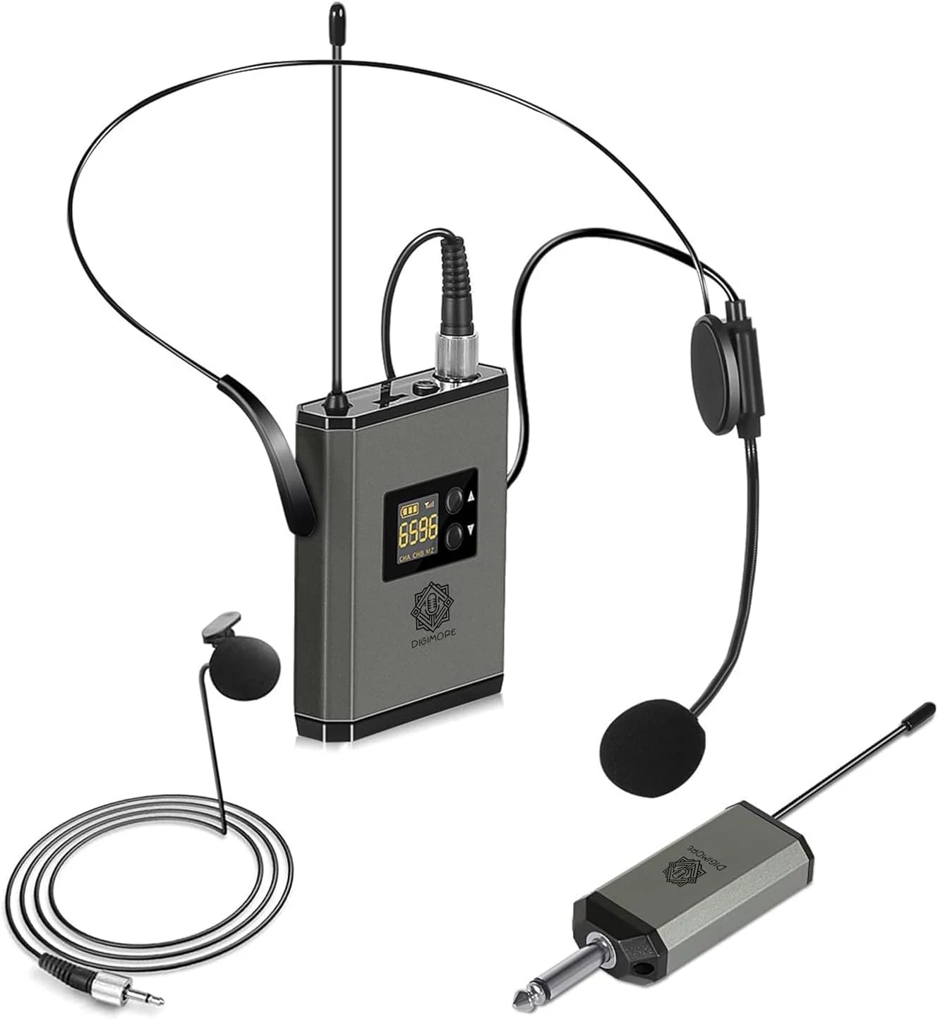 میکروفون بی سیم یقه ای/هدست UHF دیجی مور مدل D-345 به همراه فرستنده و گیرنده کوچک قابل شارژ با خروجی 1/4 اینچ مناسب اجرای زنده، عروسی، دی جی، مهمانی، سخنرانی و تولید محتوای ویدیویی