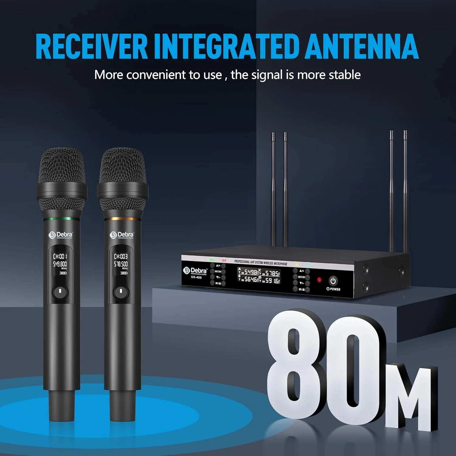 سیستم میکروفون بی سیم UHF مدل Debra UX-400، گیرنده تمام فلزی سبک وزن، 4 کانال میکروفون قابل شارژ با اسکن خودکار فرکانس، برد 80 متری برای کارائوکه، استیج، پخش زنده