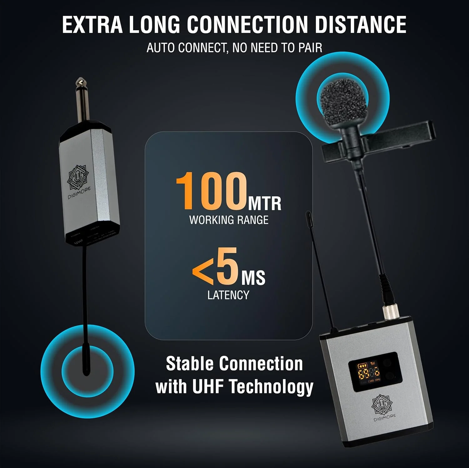میکروفون بی سیم یقه ای/هدست UHF دیجی مور مدل D-345 به همراه فرستنده و گیرنده کوچک قابل شارژ با خروجی 1/4 اینچ مناسب اجرای زنده، عروسی، دی جی، مهمانی، سخنرانی و تولید محتوای ویدیویی