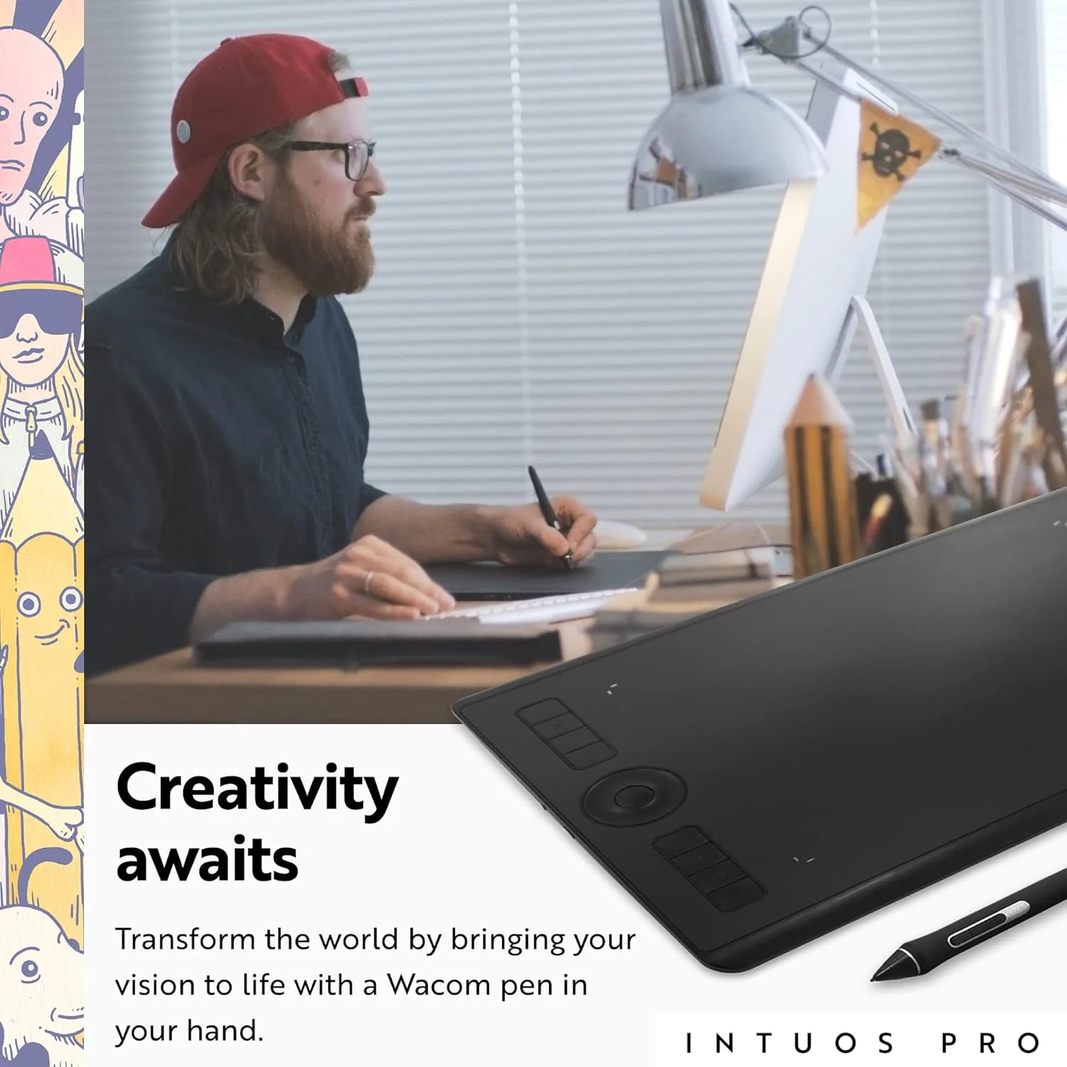 تبلت طراحی گرافیکی متوسط Wacom Intuos Pro با بلوتوث، 8 کلید میانبر قابل تنظیم، قلم Pro Pen 2 با 8192 سطح حساسیت به فشار، سازگار با سیستم عامل های مک و ویندوز، مشکی