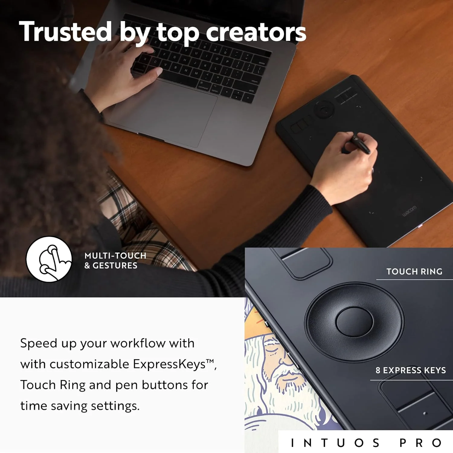 تبلت طراحی گرافیکی متوسط Wacom Intuos Pro با بلوتوث، 8 کلید میانبر قابل تنظیم، قلم Pro Pen 2 با 8192 سطح حساسیت به فشار، سازگار با سیستم عامل های مک و ویندوز، مشکی