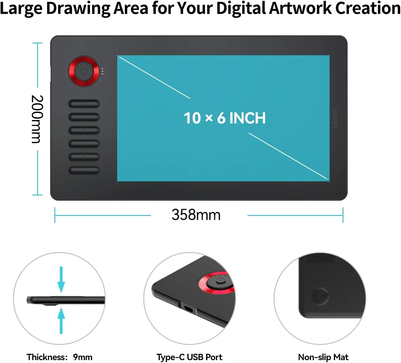 تبلت طراحی گرافیکی VEIKK A15 Pro، تبلت طراحی دیجیتال 10 در 6 اینچ با 12 کلید میانبر و یک دکمه چرخشی سریع (قلم بدون باتری با 8192 سطح فشار)
