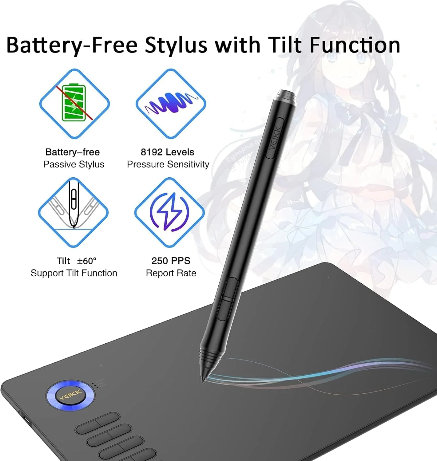 تبلت طراحی VEIKK A15 با صفحه نمایش 10x6 اینچ، قلم بدون نیاز به باتری و 12 کلید میانبر (آبی)