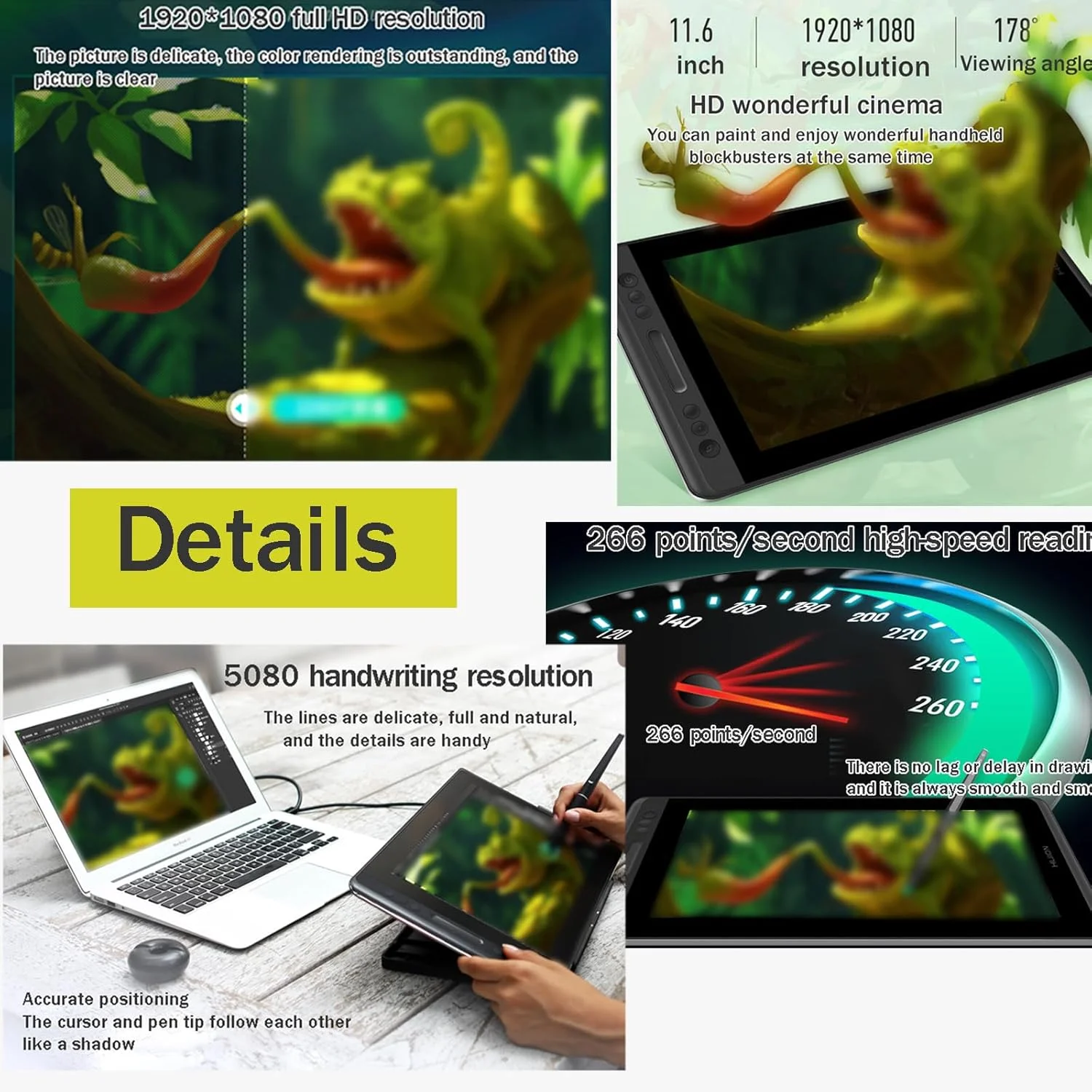 تبلت گرافیکی 11.6 اینچی با صفحه نمایش، لمینت کامل، پشتیبانی از عملکرد شیب ±60 درجه، زاویه دید 178 درجه، با پایه قابل تنظیم، قلم بدون نیاز به باتری، برای کار از خانه/آموزش از راه دور، A