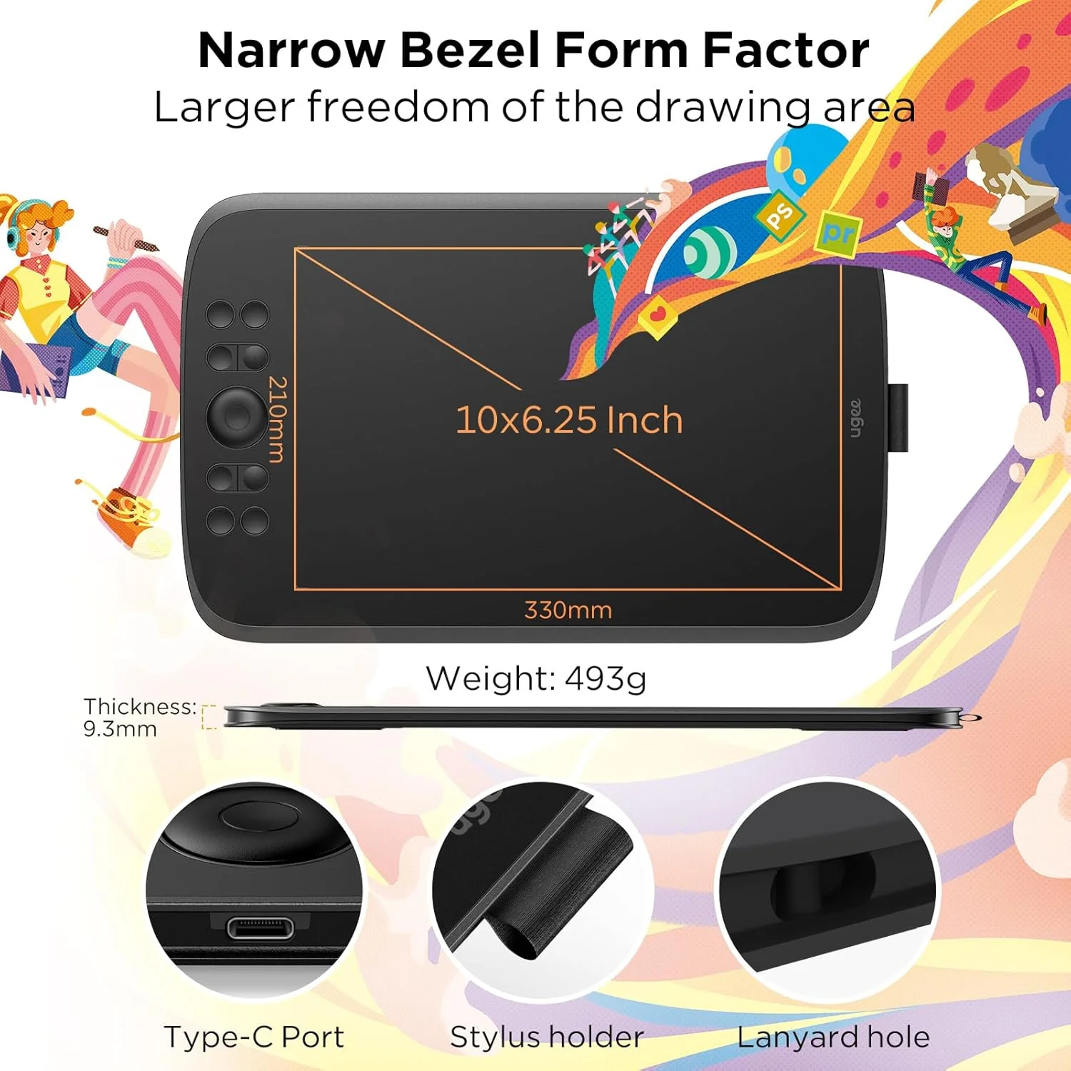 تبلت طراحی UGEE Upgrade M908 با ابعاد 10x6.25 اینچ، تبلت گرافیکی با 8 کلید میانبر و اسکرول ویل، قلم بدون باتری با 16K سطح حساسیت به فشار، سازگار با ویندوز/مک/اندروید