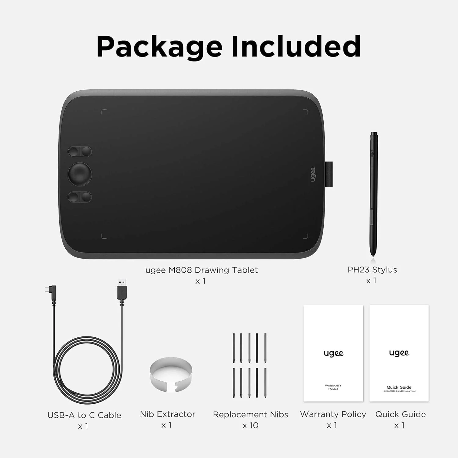 تبلت طراحی UGEE مدل M808 با ابعاد 10x6.25 اینچ، تبلت گرافیکی با 8 کلید میانبر قابل تنظیم، قلم بدون باتری نسل جدید با 8192 سطح فشار برای طراحی دیجیتال، سازگار با سیستم عامل های مک، اندروید و ویندوز