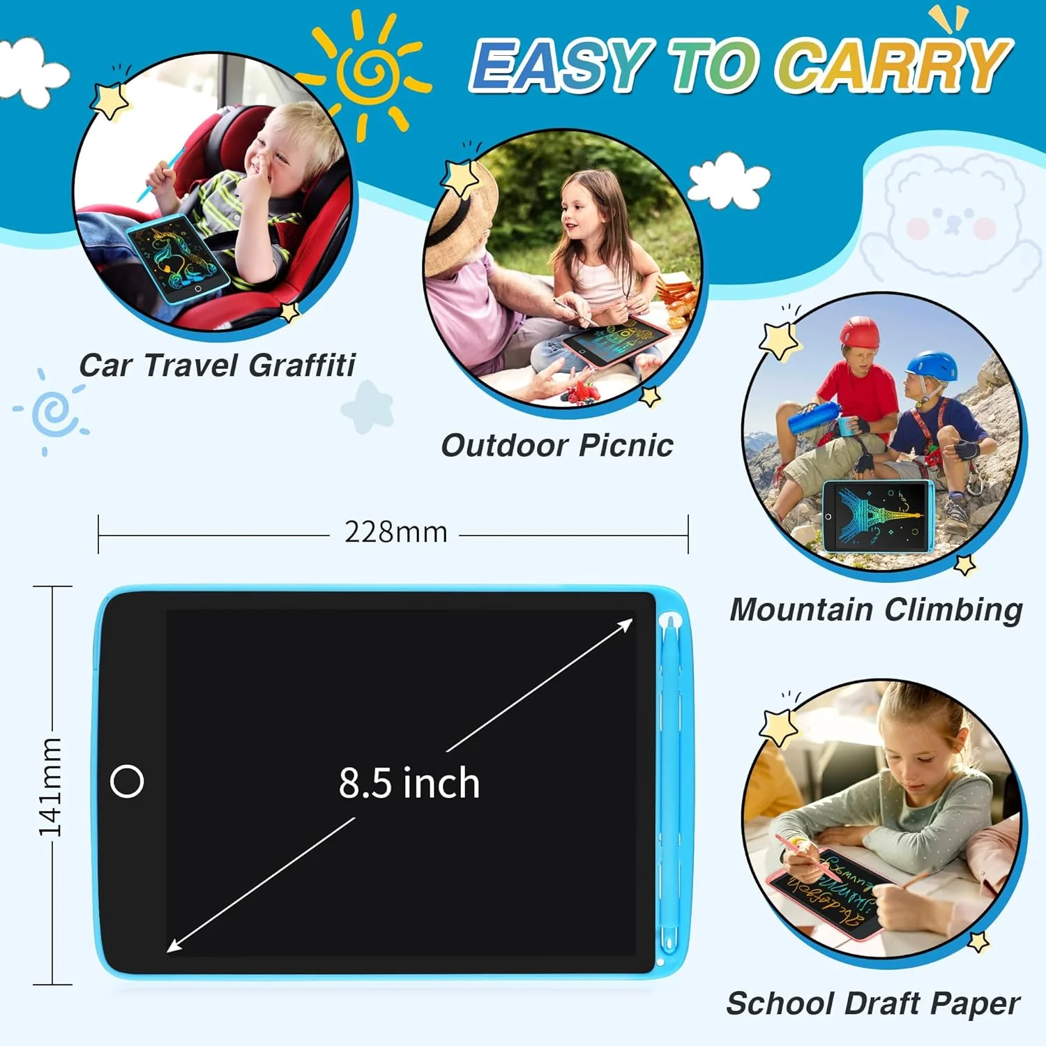تبلت نوشتاری ال سی دی سانلو، بسته 2 عددی، تخته طراحی الکترونیکی، پد طراحی قابل پاک کردن، اسباب بازی برای کودکان، بزرگسالان، یادگیری و آموزش، 8.5 اینچ (آبی + صورتی)