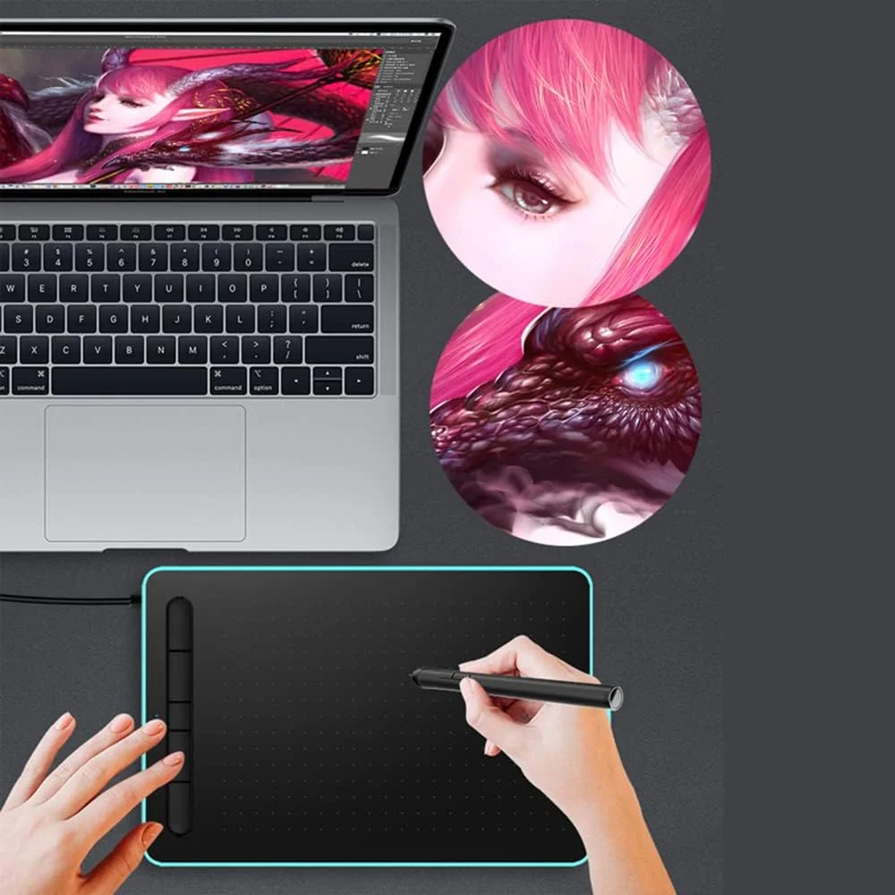 تبلت طراحی گرافیکی WP9620N با 8192 سطح حساسیت فشار، رزولوشن 5080LPI، سرعت خواندن 230PPS، قلم بدون باتری، 5 کلید میانبر قابل تنظیم، القای الکترومغناطیسی فعال، سازگار با ویندوز و مک