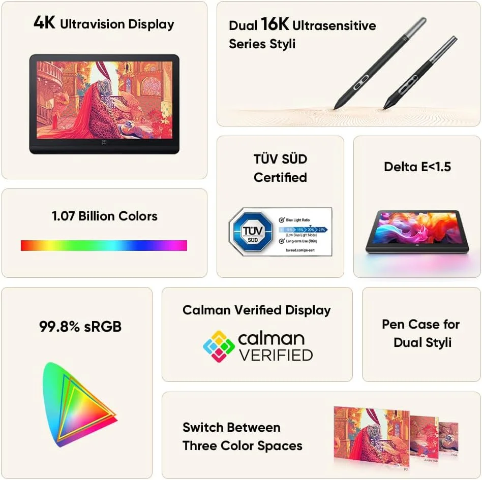 نمایشگر 19 اینچی XP-PEN Artist Pro 19 (Gen 2) با رزولوشن 4K، دارای تاییدیه Calman، دو قلم فوق‌العاده حساس 16K، نمایشگر کاملاً لمینت شده، بدون شکاف بصری، ضد انعکاس، ضد اثر انگشت