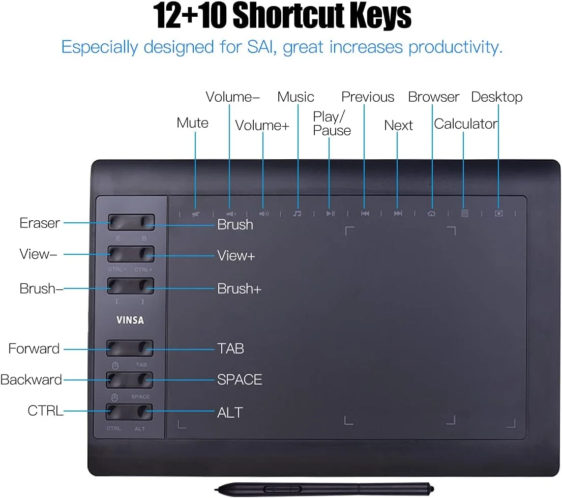 تبلت طراحی گرافیکی حرفه ای با 12 کلید میانبر، 8192 سطح حساسیت به فشار، قلم بدون باتری، 8 نوک قلم، گیره قلم، حسگر شیب 60 درجه، 10 کلید میانبر برای اتصال به کامپیوتر، لپ تاپ، سازگار با ویندوز، مک، نقاشی و طراحی