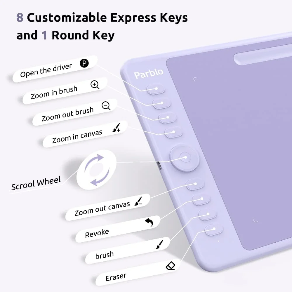 تبلت طراحی پاربلو Intangbo M، تبلت گرافیکی دیجیتال 10x6 اینچ با 8192 سطح حساسیت، قلم بدون نیاز به باتری و 8 کلید میانبر، سازگار با ویندوز/مک/اندروید، بنفش تبلت طراحی پاربلو Intangbo M، تبلت گرافیکی دیجیتال 10x6 اینچ با 8192 سطح حساسیت، قلم بدون نیاز به باتری و 8 کلید میانبر، سازگار با ویندوز/مک/اندروید، بنفش
