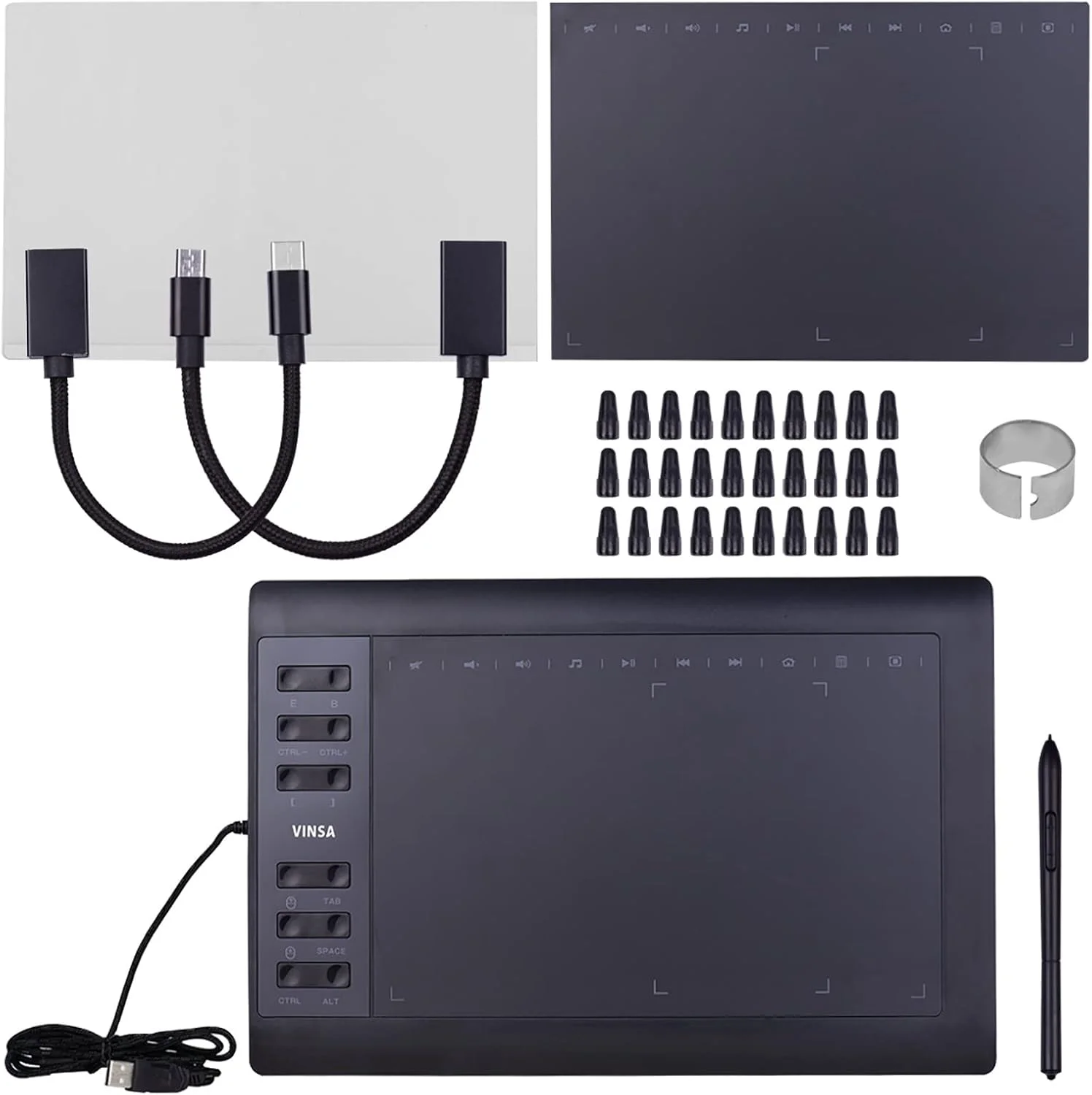 تبلت طراحی گرافیکی حرفه ای اونا 10x6 اینچ با 12 کلید میانبر، قلم بدون نیاز به باتری با 8192 سطح حساسیت، 30 نوک قلم، گیره قلم، 2 کابل OTG، فیلم کپی، فیلم حس دست، پشتیبانی از اتصال به کامپیوتر/لپ تاپ