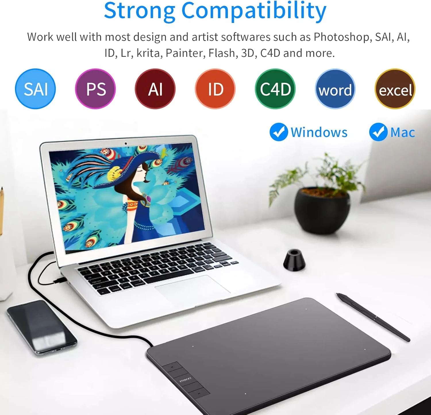 تبلت طراحی گرافیکی ایرومی PN640، ناحیه فعال 6 در 4 اینچ، 8192 سطح حساسیت به فشار، قلم بدون نیاز به باتری، 28 نوک قلم، سازگار با ویندوز و مک