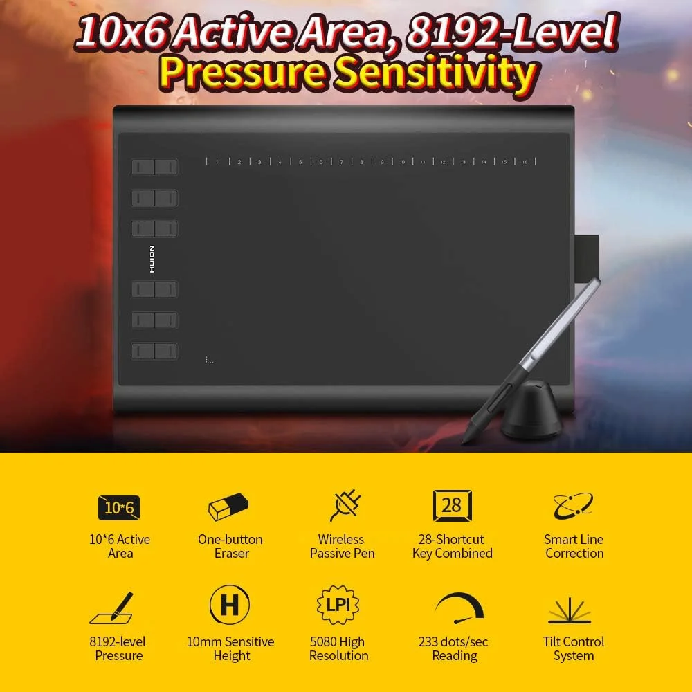 تبلت طراحی گرافیکی Irfora H1060P با قلم پسیو بدون نیاز به باتری، دارای پورت Micro USB و 12 کلید میانبر