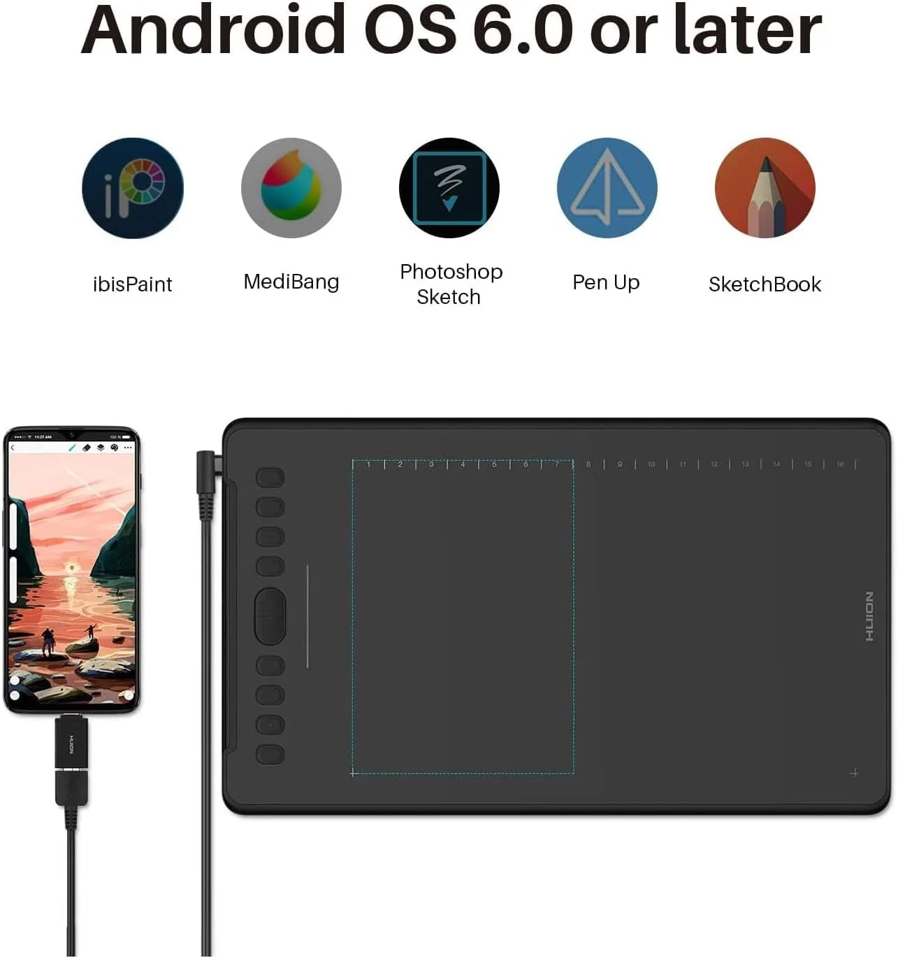 تبلت طراحی گرافیکی Huion Inspiroy H1161 مدل 2019، پشتیبانی از دستگاه های اندرویدی، 8192 سطح فشار قلم با قلم بدون نیاز به باتری، 10 کلید میانبر