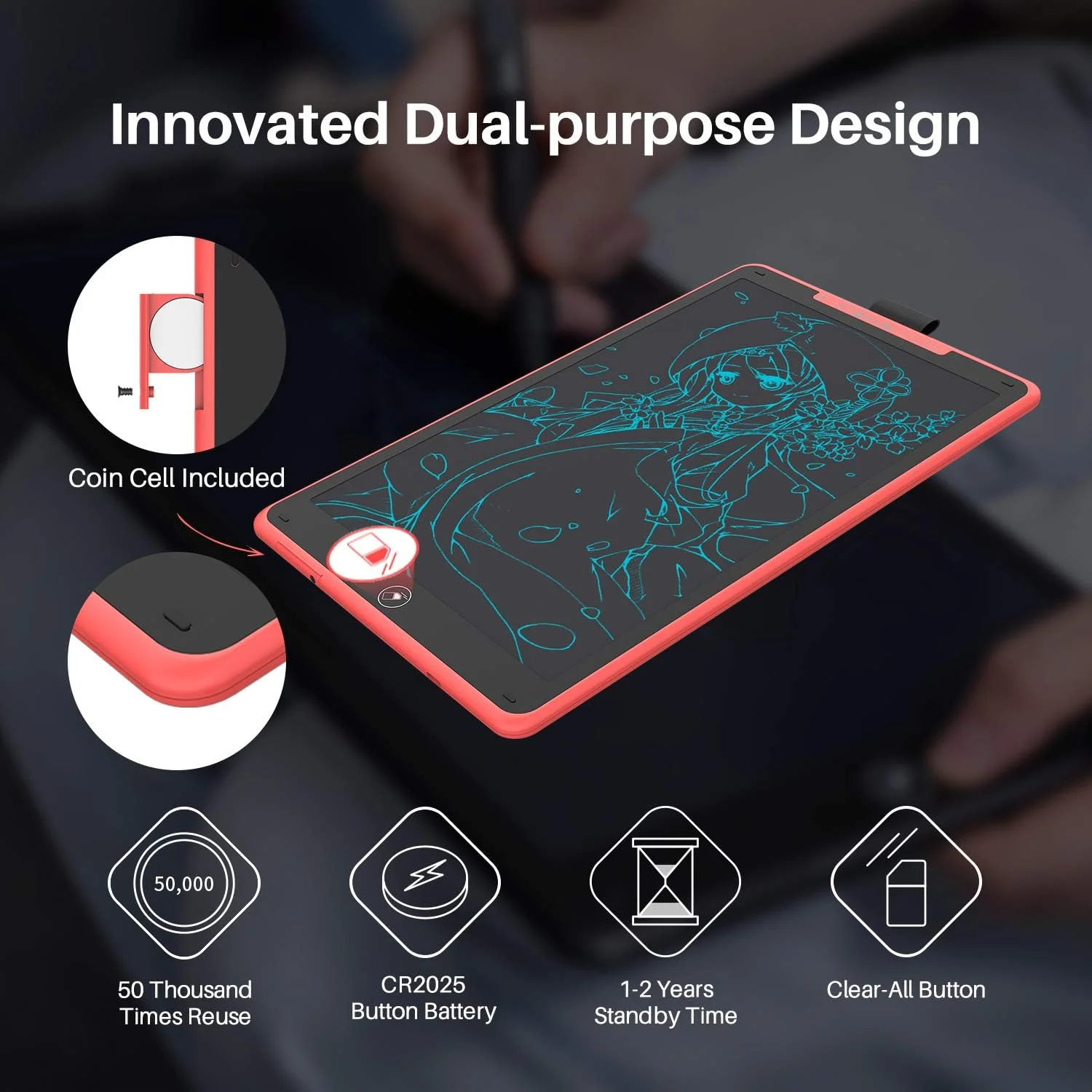 تبلت طراحی گرافیکی HUION H320M قرمز Inspiroy Ink LCD با قلم بدون باتری PW100 با 8192 سطح حساسیت به فشار