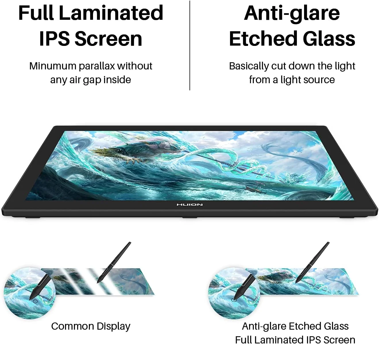 تبلت طراحی گرافیکی HUION Kamvas Pro 24 4K UHD با صفحه نمایش لمینت کامل، شیشه ضد انعکاس نور، پوشش 140% sRGB، قلم بدون نیاز به باتری با 8192 سطح فشار و کلیدهای میانبر بی سیم، 23.8 اینچ، مشکی