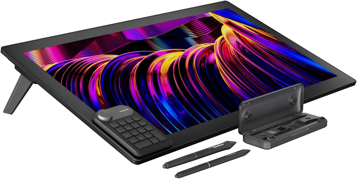 تبلت طراحی HUION KAMVAS Pro 27 4K UHD با صفحه نمایش، قلم بدون باتری PenTech 4.0 با شیشه ضد انعکاس Canvas Glass 2.0 تبلت گرافیکی کاملا لمینت شده، صفحه نمایش چند لمسی 98% Adobe RGB برای هنرمندان
