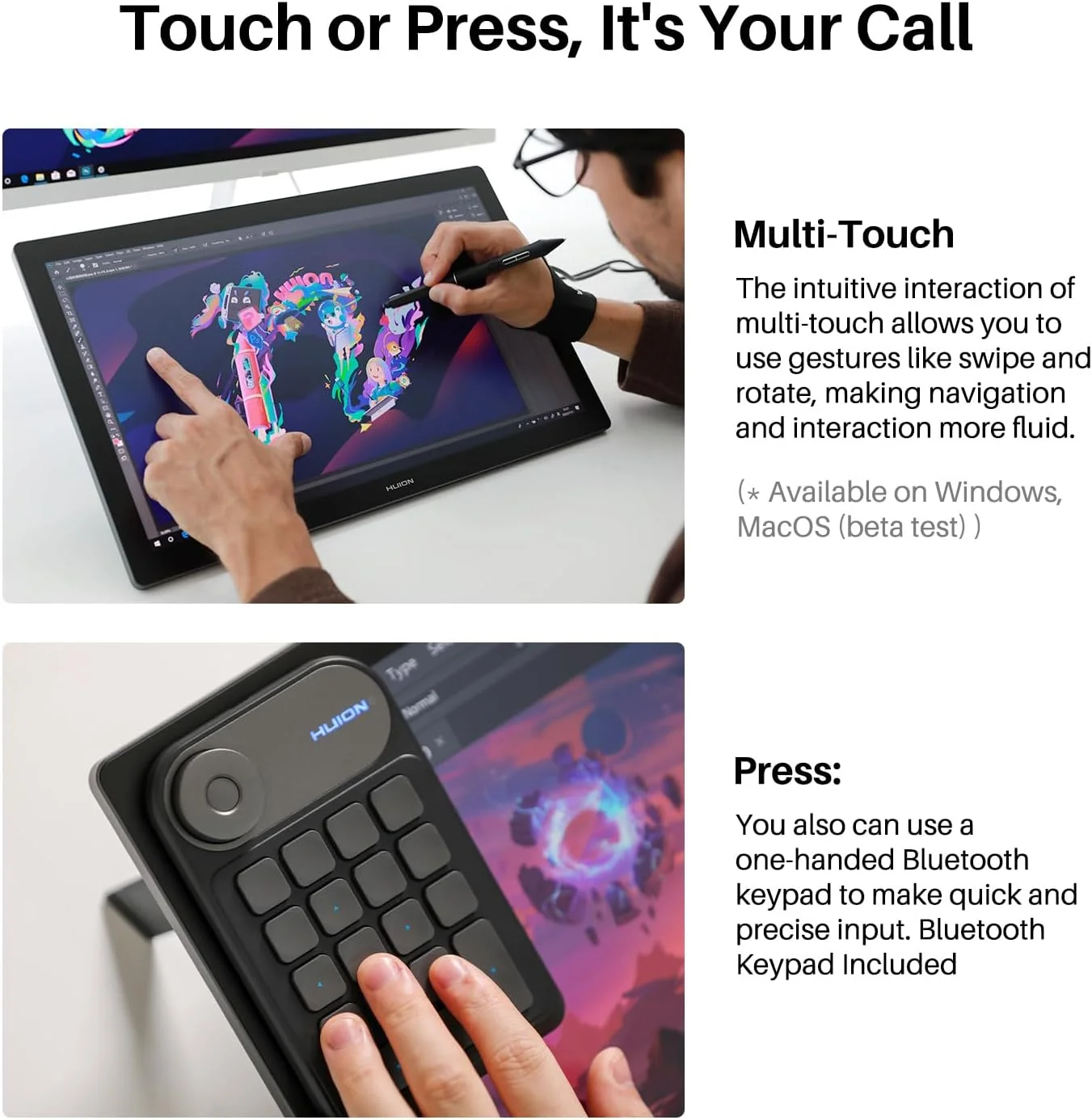 تبلت طراحی هویون Kamvas Pro 19 4K UHD با صفحه لمسی، مانیتور طراحی 96% Adobe RGB با 1.07 میلیارد رنگ، قلم PenTech 4.0 Stylus PW600، 16384 سطح فشار قلم، قلم باریک، Keydial Mini، 18.4 اینچ