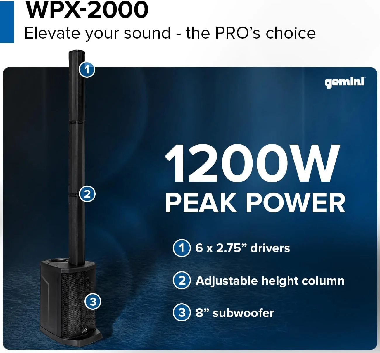 اسپیکر ستونی آرایه خطی اکتیو Gemini Sound WPX-2000 با توان پیک 1200 وات، سیستم صوتی قابل حمل، بلوتوث، اتصال TWS، ریورب قابل تنظیم، درایورهای نئودیمیوم با کیفیت بالا برای دی‌جی‌ها، مهمانی‌ها و اجراهای زنده - تصویر 2