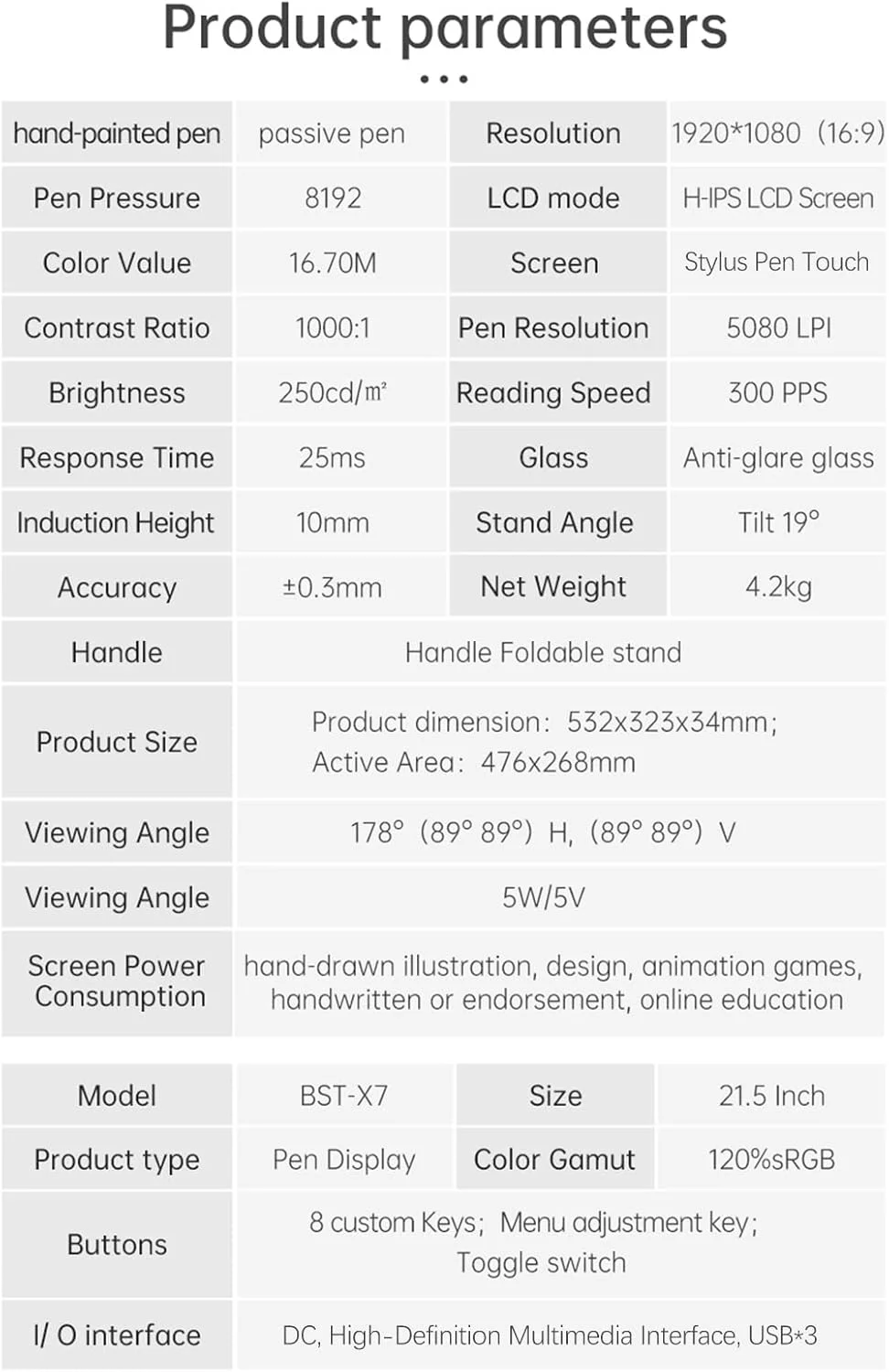 تبلت طراحی گرافیکی X7 با صفحه نمایش LCD از نوع H IPS، حساسیت فشار 8192، عملکرد Tilt، پد هنری دیجیتال 120% sRGB، 8 کلید میانبر قابل تنظیم، پایه قابل تنظیم و سازگار تبلت طراحی گرافیکی X7 با صفحه نمایش LCD از نوع H IPS، حساسیت فشار 8192، عملکرد Tilt، پد هنری دیجیتال 120% sRGB، 8 کلید میانبر قابل تنظیم، پایه قابل تنظیم و سازگار