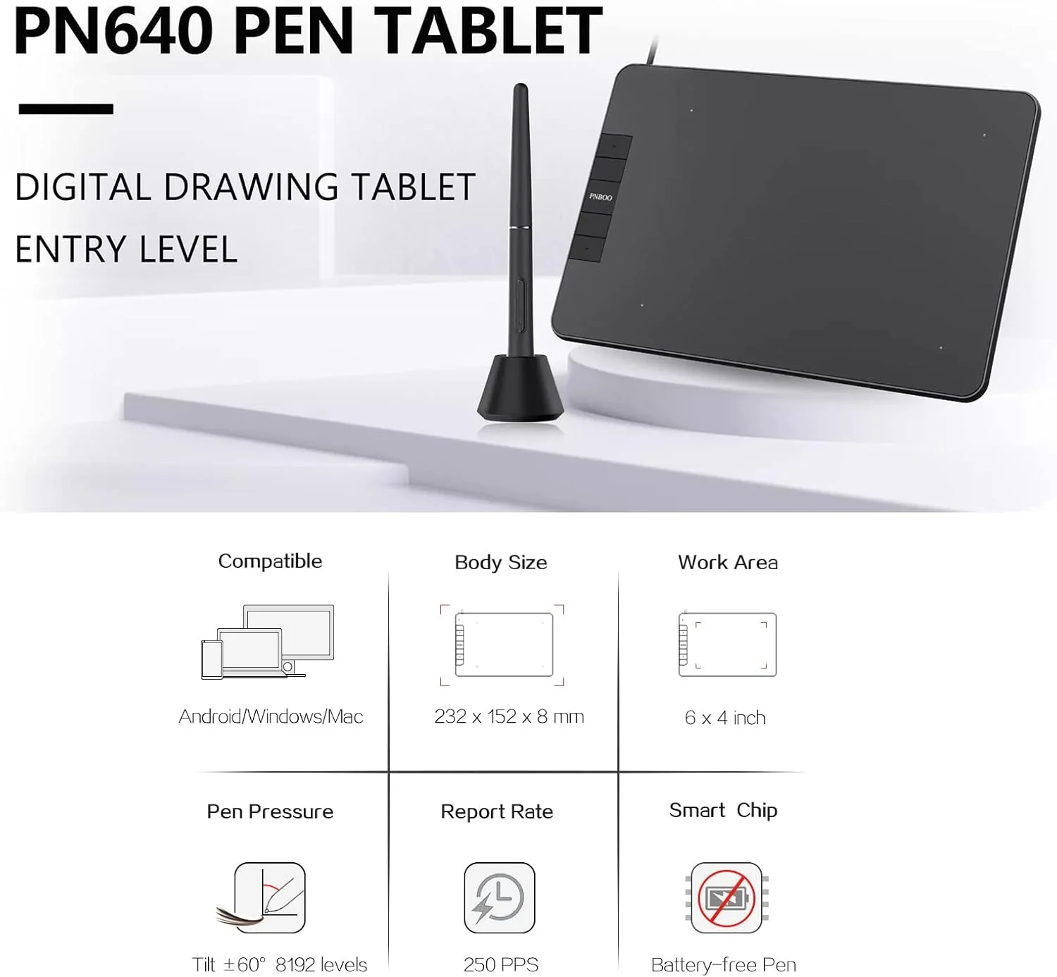 تبلت طراحی گرافیکی PN640 با صفحه فعال 6 در 4 اینچ، 8192 سطح حساسیت به فشار، عملکرد شیب، مناسب برای طراحی هنری و انیمیشن به همراه قلم بدون نیاز به باتری و 28 نوک قلم سازگار با ویندوز و مک تبلت طراحی گرافیکی PN640 با صفحه فعال 6 در 4 اینچ، 8192 سطح حساسیت به فشار، عملکرد شیب، مناسب برای طراحی هنری و انیمیشن به همراه قلم بدون نیاز به باتری و 28 نوک قلم سازگار با ویندوز و مک