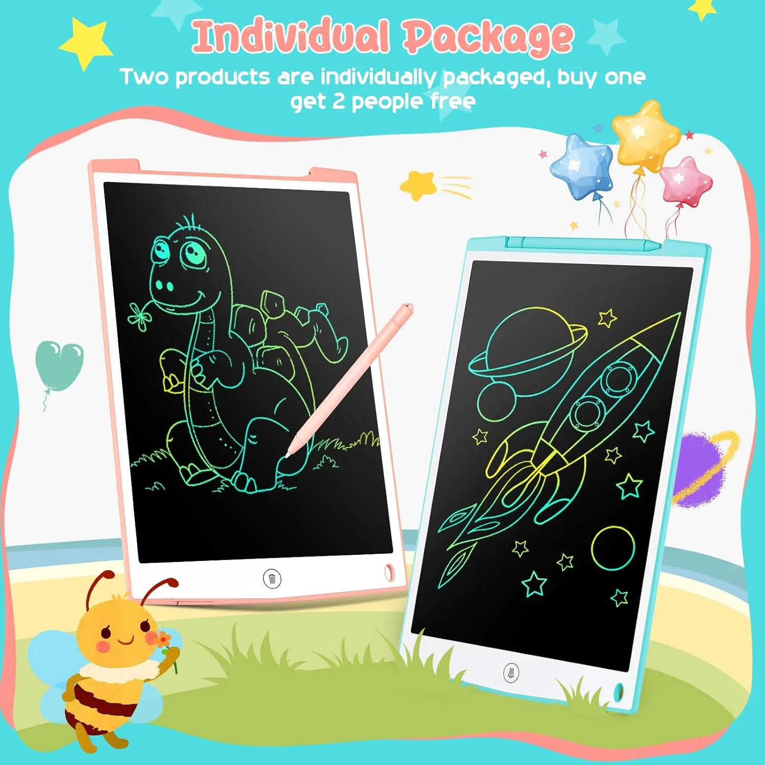 [دو عدد] تبلت گرافیکی ال سی دی رنگی 12 اینچ، تخته طراحی قابل حمل و پاک شدن، هدیه کودکان، تبلت گرافیکی برای بازی کودکان 3 4 5 6 7 ساله دخترانه (صورتی و آبی)